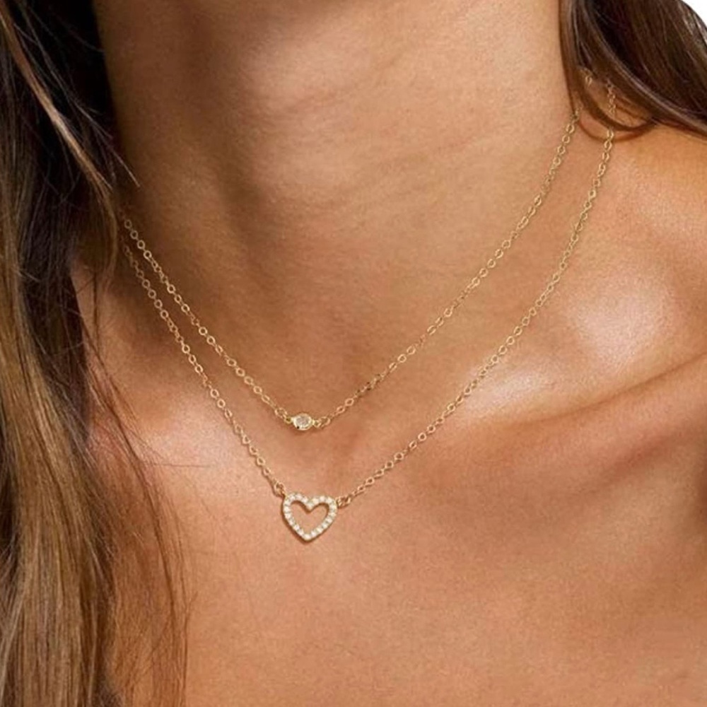 Gold 14k Gold Plated Two Piece CZ Heart Layered Necklace Set